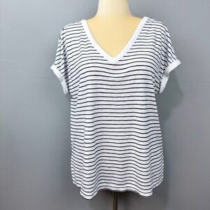 LOFT Knit Top Womens‎ Size L White Black Striped V-Neck V-Back Rolled Sleeve